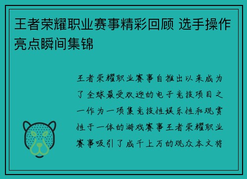 王者荣耀职业赛事精彩回顾 选手操作亮点瞬间集锦