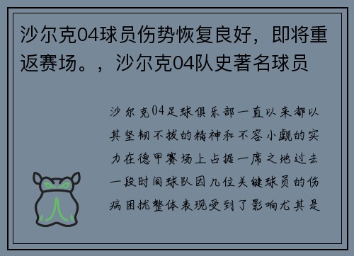沙尔克04球员伤势恢复良好，即将重返赛场。，沙尔克04队史著名球员