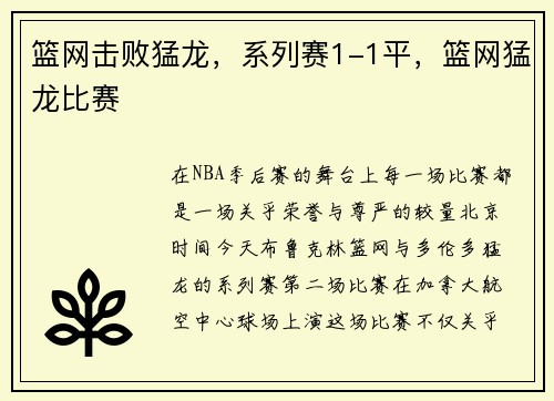 篮网击败猛龙，系列赛1-1平，篮网猛龙比赛